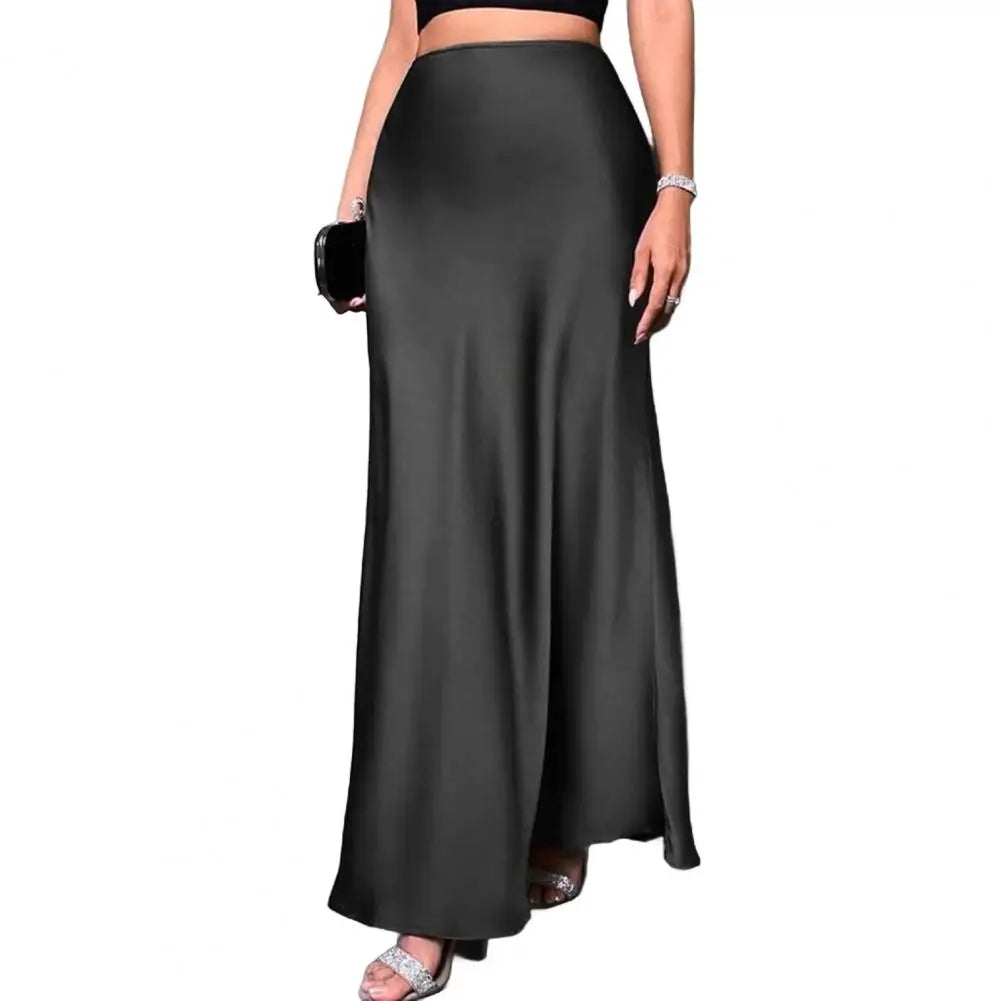 Women Fishtail Skirt Elegant High Waist Flattering Silhouette Satin Skirt Solid Color Smooth Surface A-Line Maxi Skirt