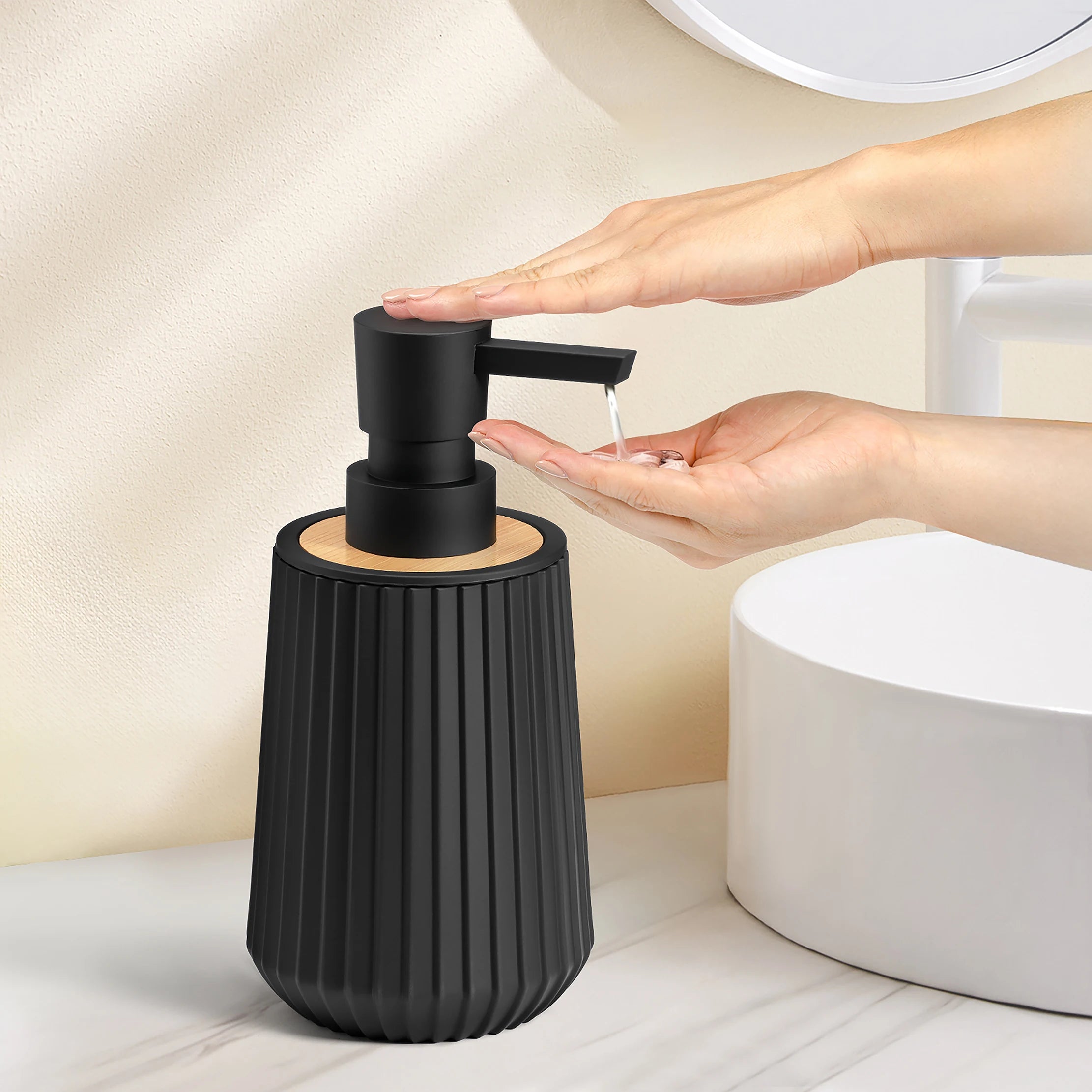 Modern Black Matte Soap Dispenser – Bamboo Trim