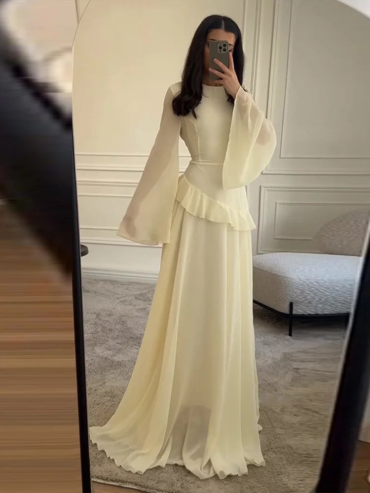 Fashion Flare Sleeve Ruff Long Dress Women Solid O-neck High Waist Slim Pleated Maxi Dresses 2025 Lady Summer Chic Party Robes