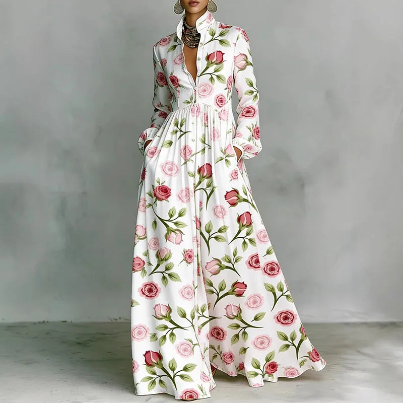 Women's Stand Collar Button Shirt Maxi Dresses Spring Casual High Waist Pocket Hem Long Dress Chic Floral Print Boho Party Dress