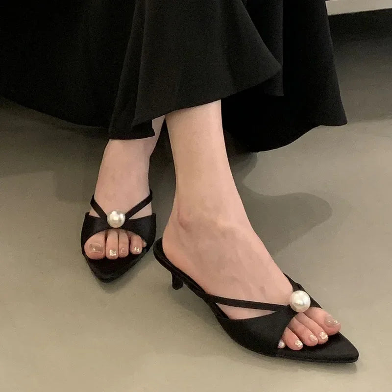 New 2025 Summer Open Toe Women Slippers Sexy Pointed Toe Slides Sandals Elegant Pearls Decoration Thin High Heels for Women