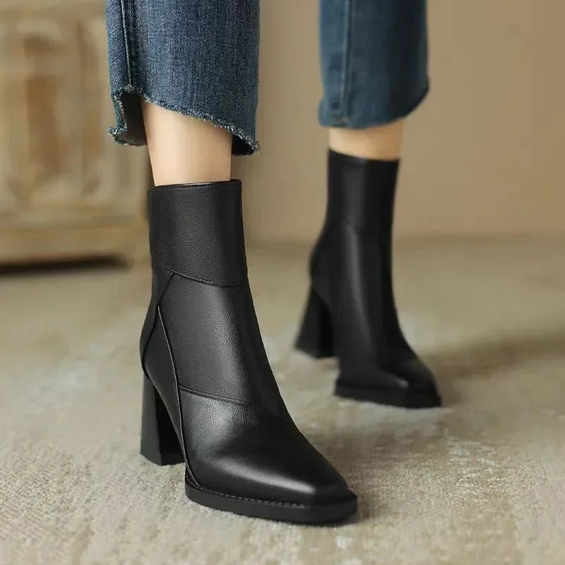 2025 New Chelsea Boots Women Shoes Chunky Ankle Goth Mid Heels Brand Winter Fashion Pointed Toe Boots Motorcycle Botas Femme