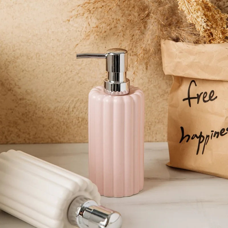 400ml Ceramic Lotion & Soap Dispenser – Pink & White Stripes