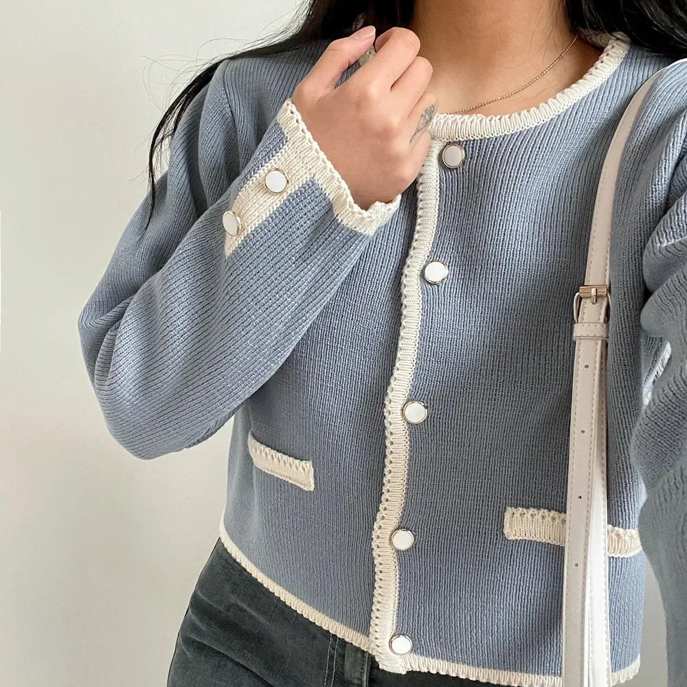 Chic Contrast Color Round Neck Single Button Knit Cardigan Sweater
