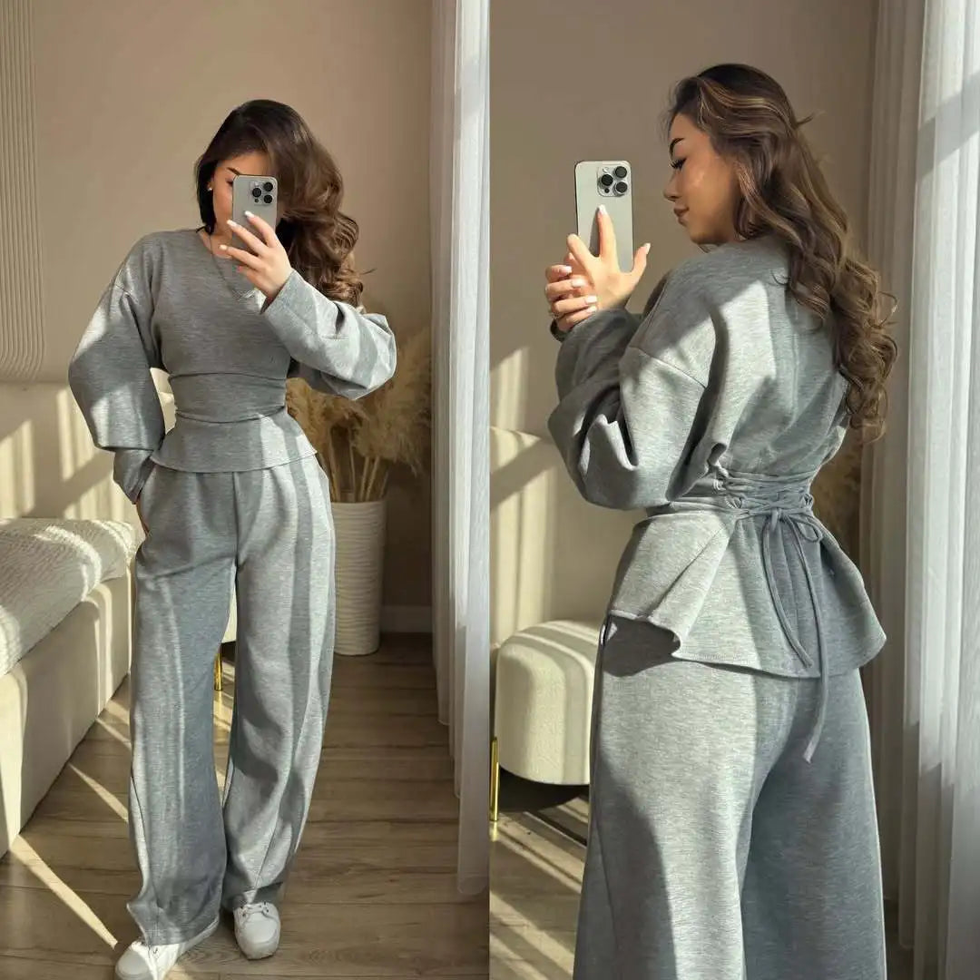 Yaminiya Women Casual Two Piece Set Long Sleeve Back Tie Waist Ruffle Hem Top & Wide Leg Pants Solid Color Loungewear Tracksuit