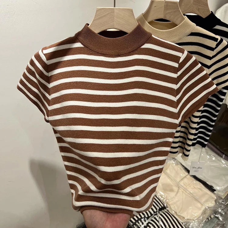 Half Turtleneck Pullover Striped Sweater Sweater Slim Fit Top Shirt Women's Early Spring and Autumn Short Sleeve Bottoming Shirt