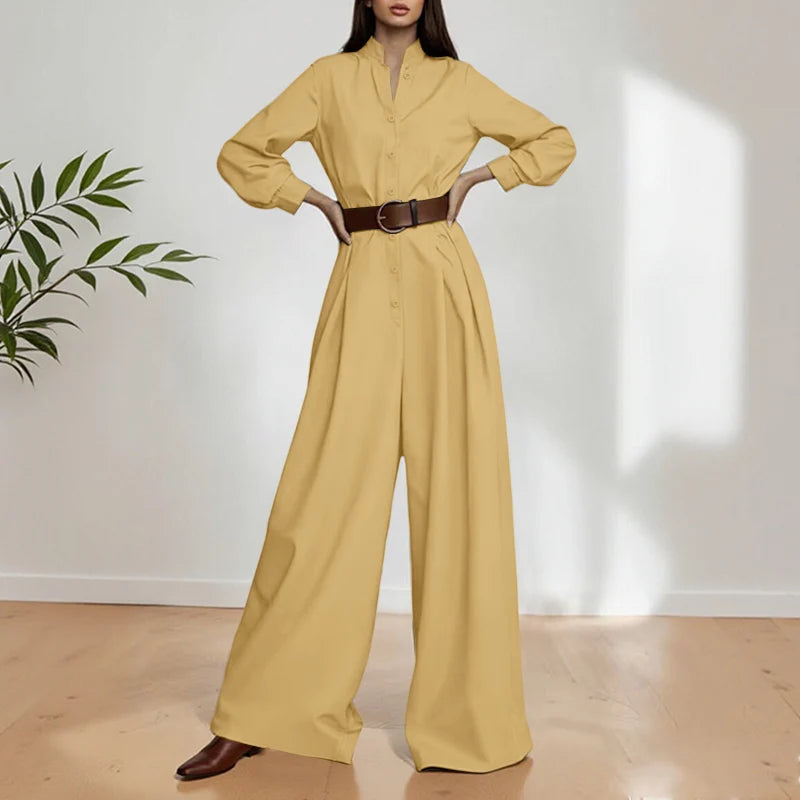 ZANZEA Women Fashion Long Jumpsuits 2026 Summer Long Sleeve Solid Rompers Casual Stand Collar Loose Overalls Streetwear Work