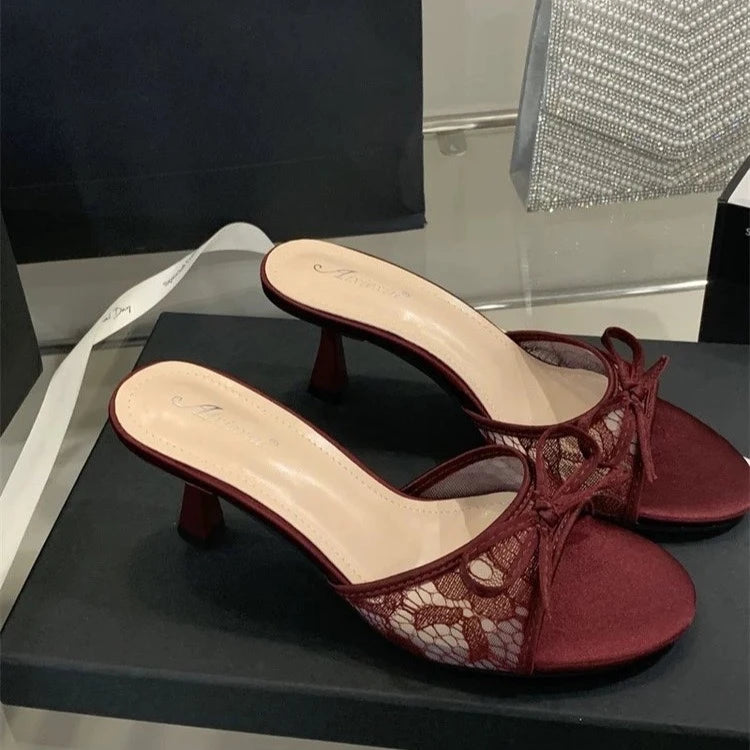 Sexy Style Bow Flat Sandals for Women 2026 Summer New Thin High Heel Open Toe Elegant Versatile Slippers