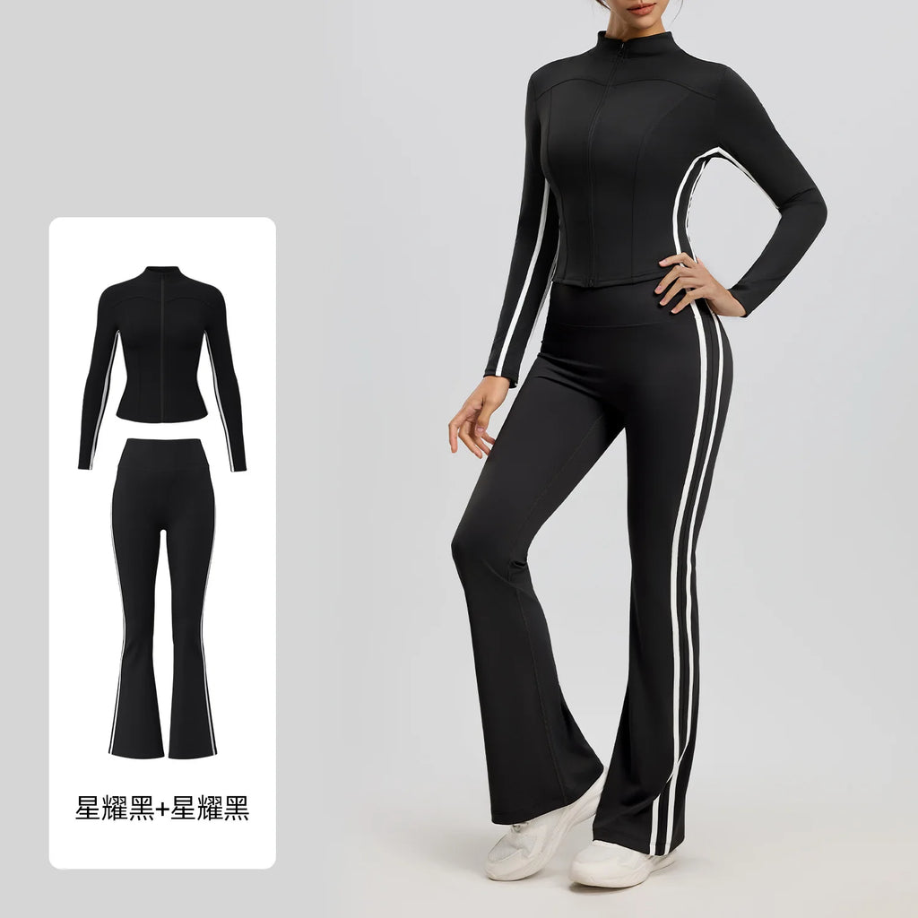 Striped 2pcs Yoga Gym Set Women Long Sleeve Zipper Sport Jacket Hip Lifting Leggings Fitness Running Tops Flare Pants Tracksuit