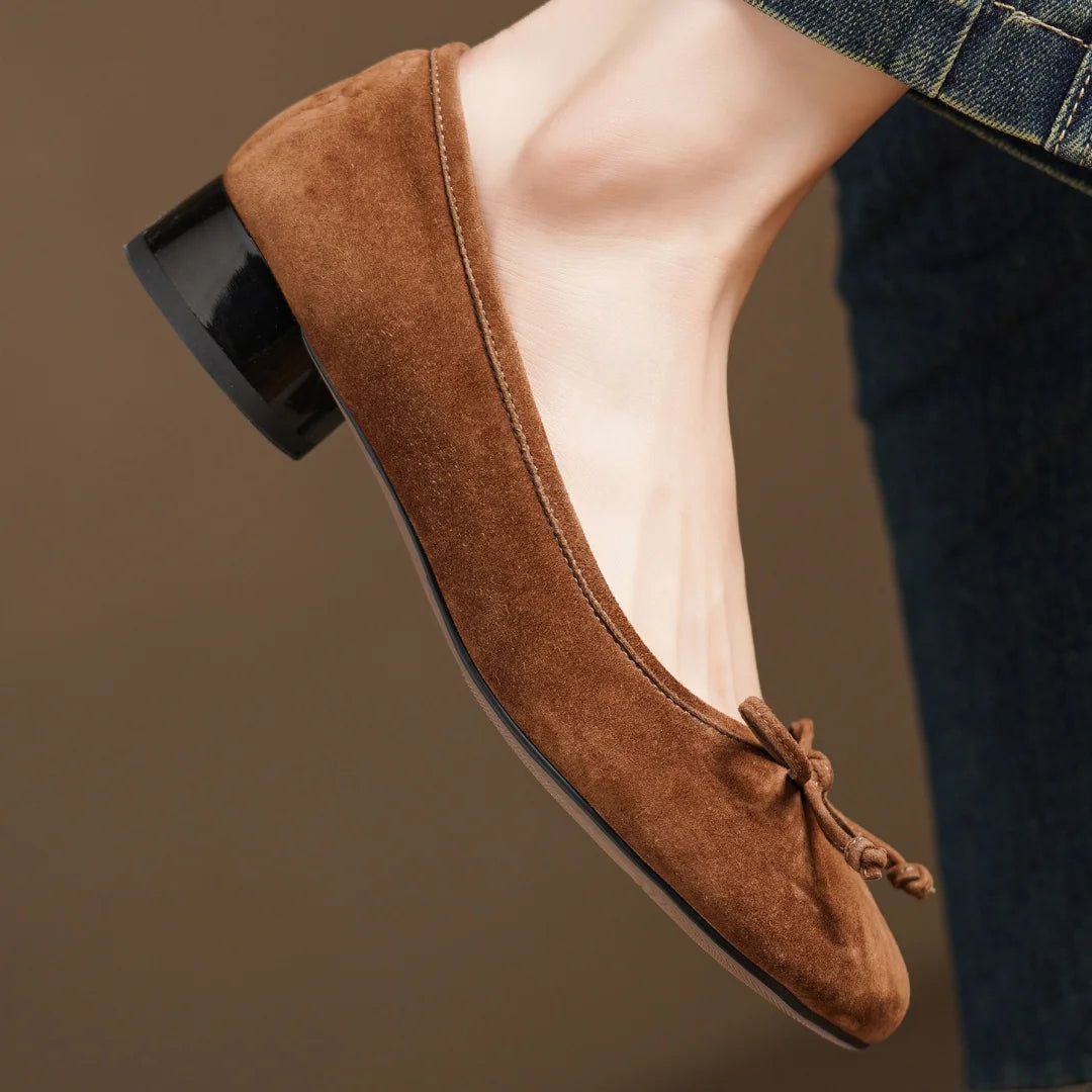 Women's natural suede leather square toe slip-on flats 3cm round low heel sweet bowtie casual female four season shoes for woman