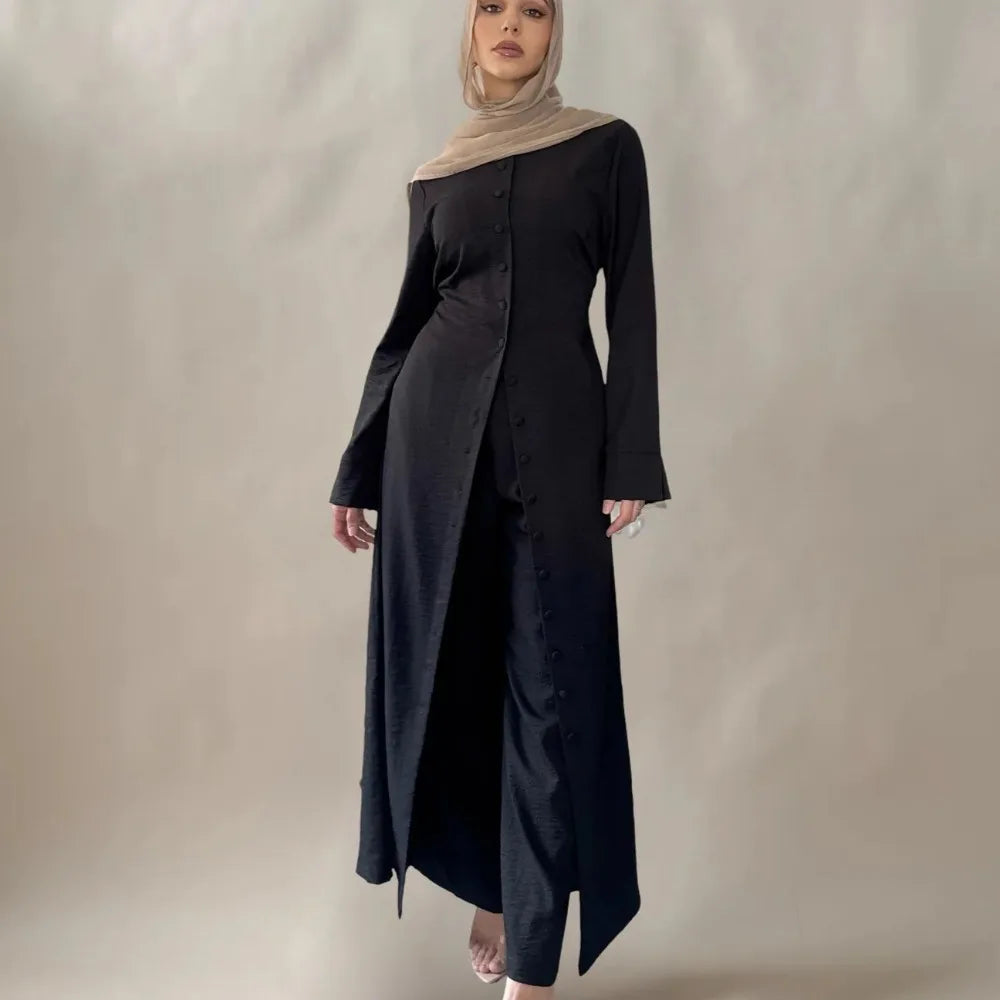 Eid Women Button Up Abaya Straight Pant 2 Piece Set  Muslim Sets Ramadan Dubai Elegant Musulman Ensembles Arab Long Pant Morocco