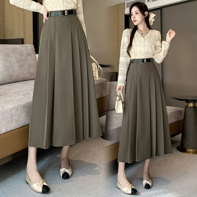 [EWQ] Elegant Solid Color Mid-Length All Match Skirt For Women 2026 Spring Summer Loose High Waist A-Line Pleated Skirts 16O9169