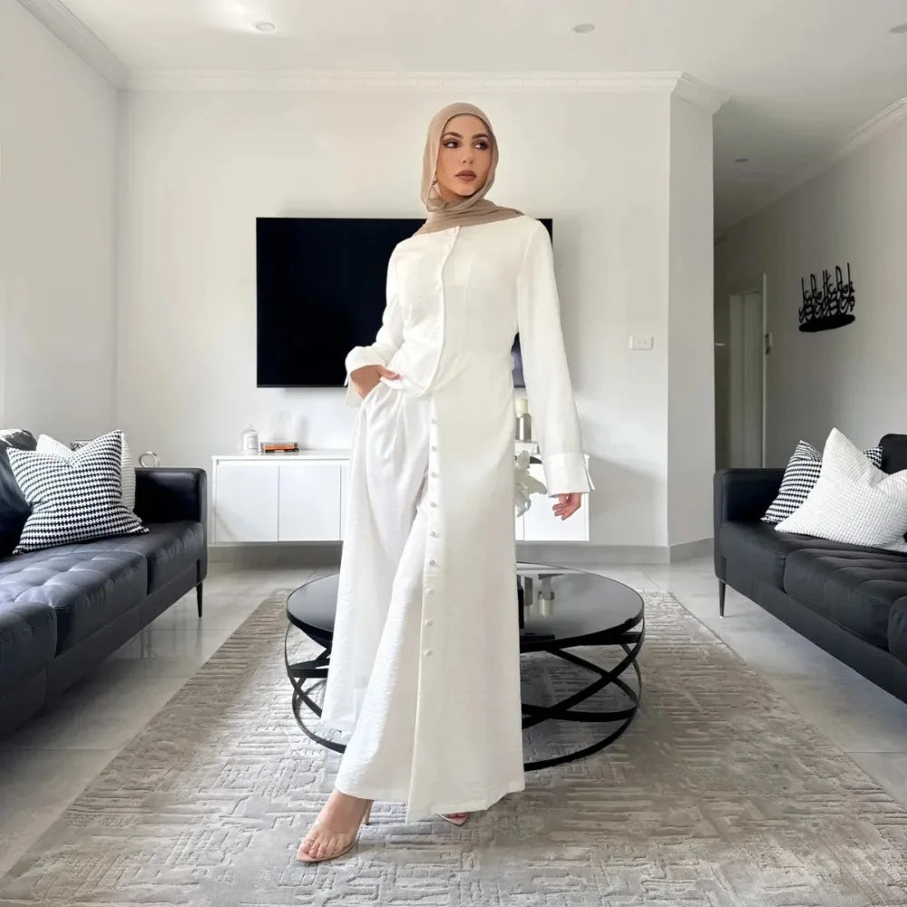 Eid Women Button Up Abaya Straight Pant 2 Piece Set  Muslim Sets Ramadan Dubai Elegant Musulman Ensembles Arab Long Pant Morocco