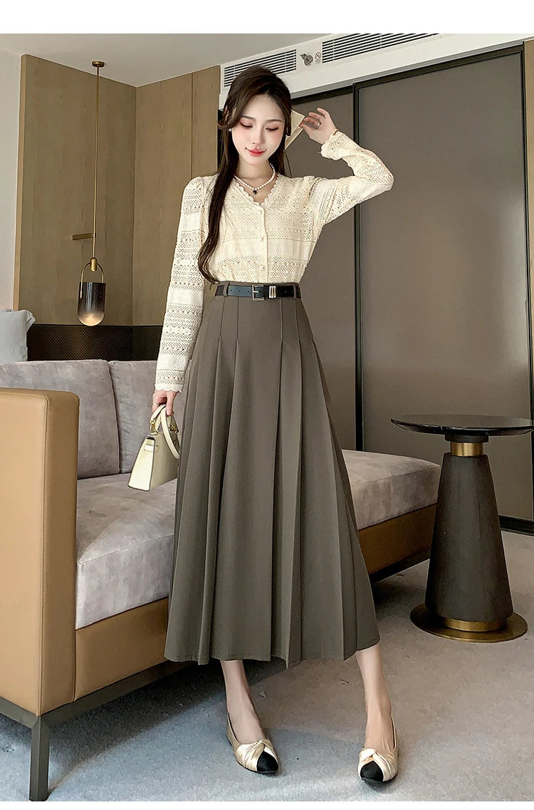 [EWQ] Elegant Solid Color Mid-Length All Match Skirt For Women 2026 Spring Summer Loose High Waist A-Line Pleated Skirts 16O9169