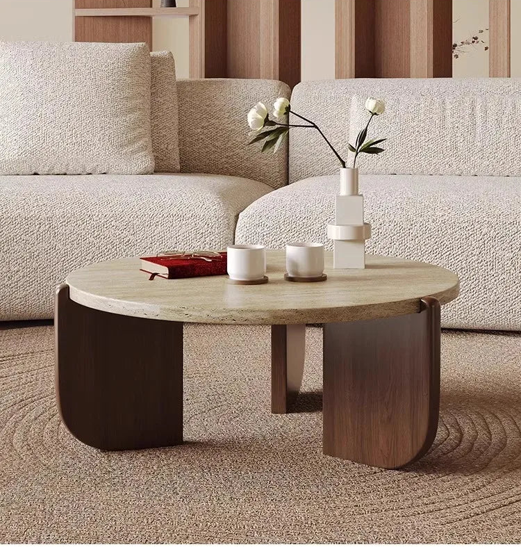 Wabi Sandy Wind Solid Wood Travertine Coffee Table Minimalist Small Tea Table Small Apartment Living Room Household Round Balcon