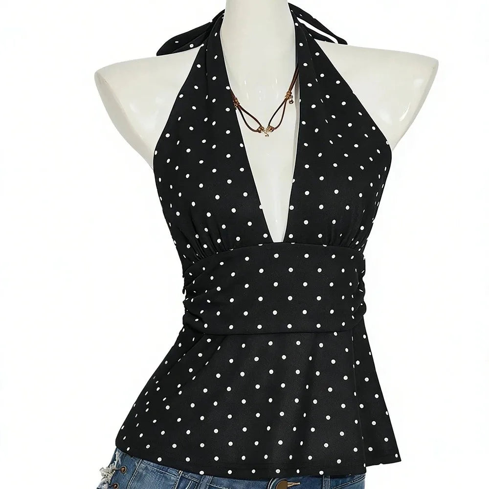 Fashion Sleeveless Women Crop Top Pleated Deep V Neck Halter Ruffle Vest Y2k Beach Wear Lace-up Dots Camisole Beach