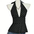 Fashion Sleeveless Women Crop Top Pleated Deep V Neck Halter Ruffle Vest Y2k Beach Wear Lace-up Dots Camisole Beach
