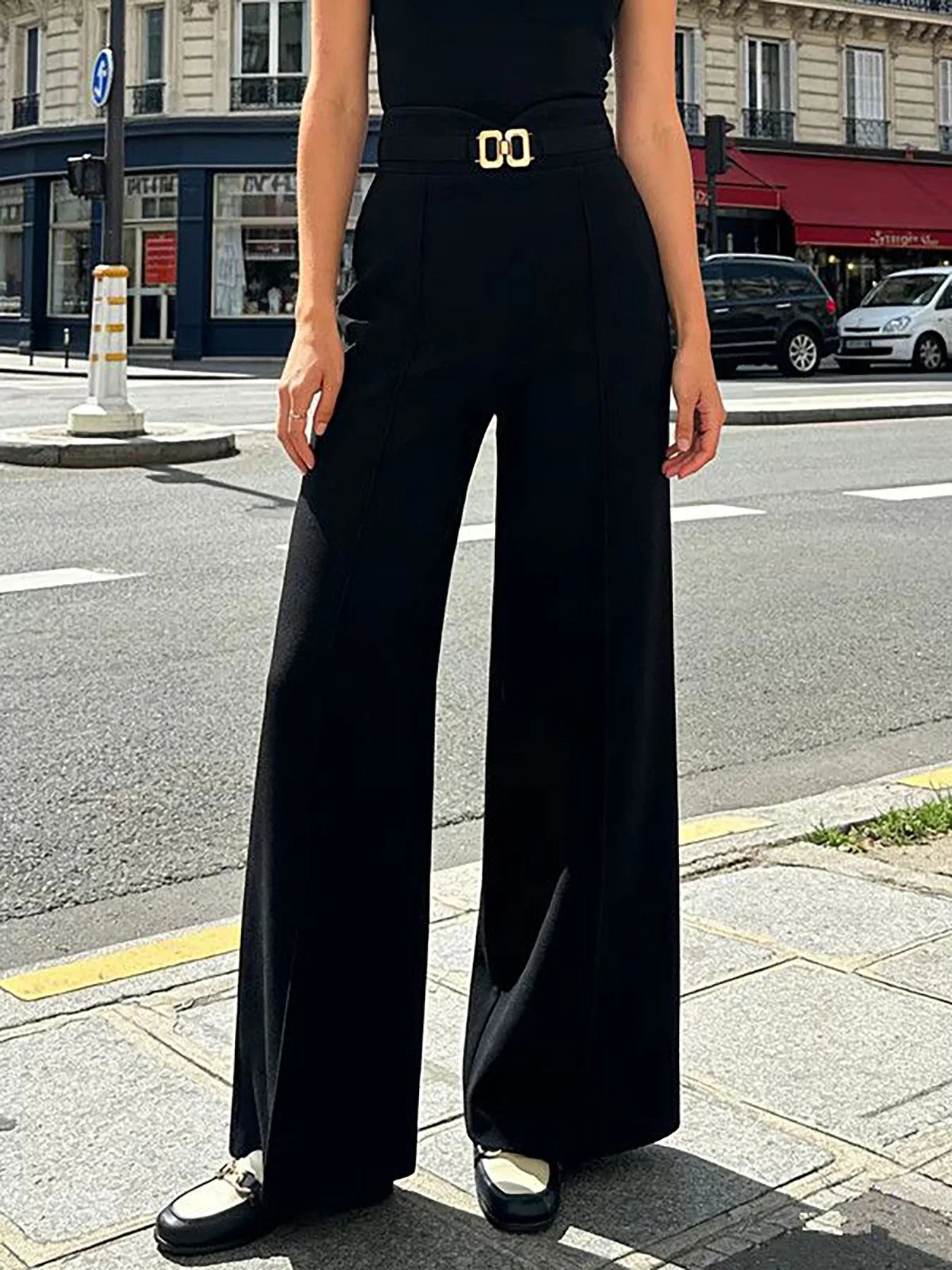 Women's New Spring/Summer High Waist Elastic Wide Leg Pants, Fashionable Simple Suit Pants with Metal Buckle Design, Suitable fo