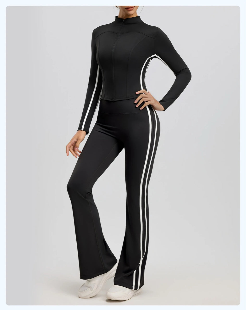 Striped 2pcs Yoga Gym Set Women Long Sleeve Zipper Sport Jacket Hip Lifting Leggings Fitness Running Tops Flare Pants Tracksuit