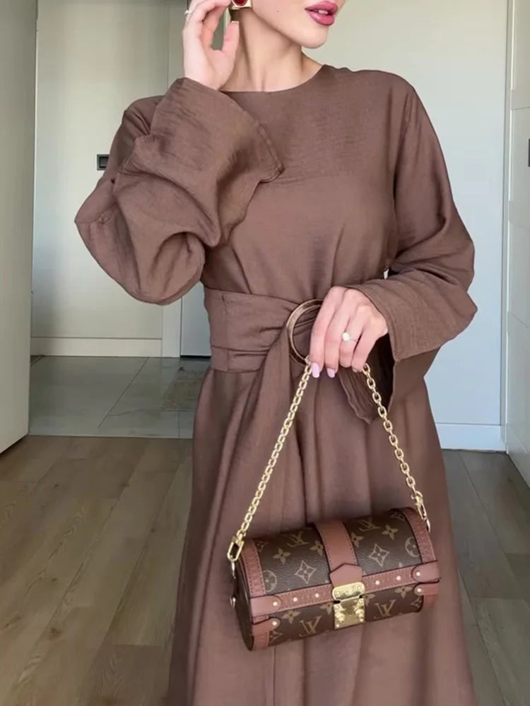 Yitimuceng Elegant Dress for Women Fashion Vintage Long Sleeve Dresses Solid Silm Belt O Neck Midi 2025 New Autumn Winter Dress