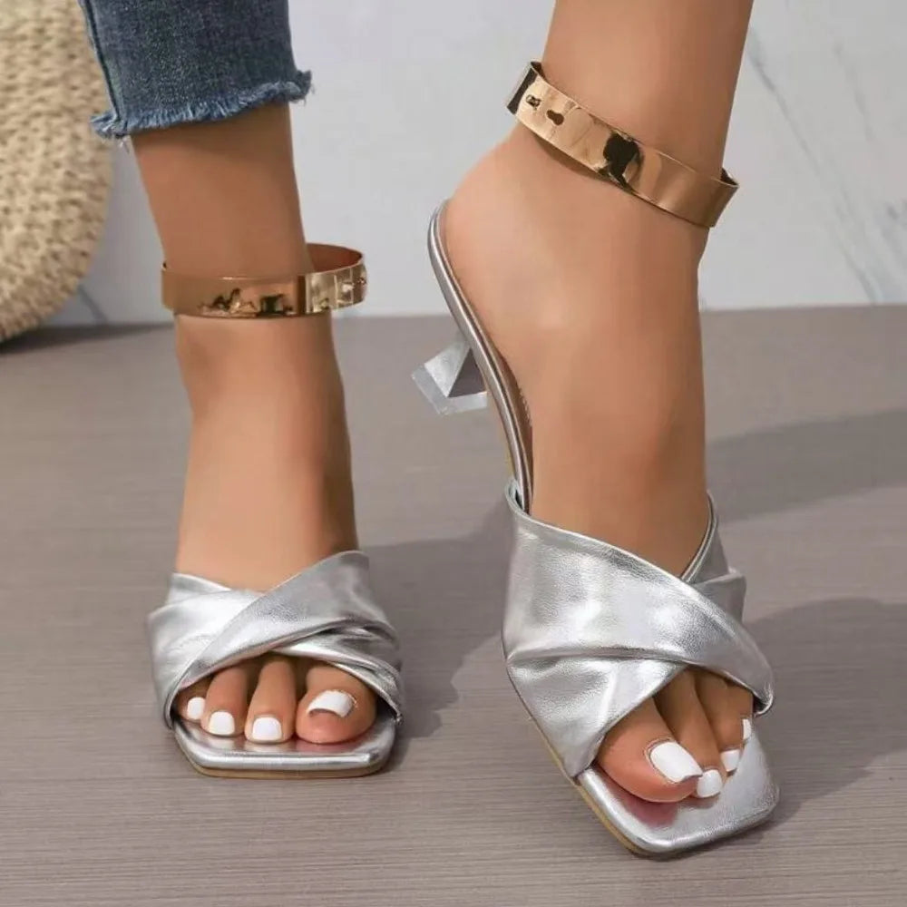 Fashion Summer Women Shoes New Handmade Square Open Toe High Heels Outdoor Fashion Slippers Wedding Party Fashion Party shoes