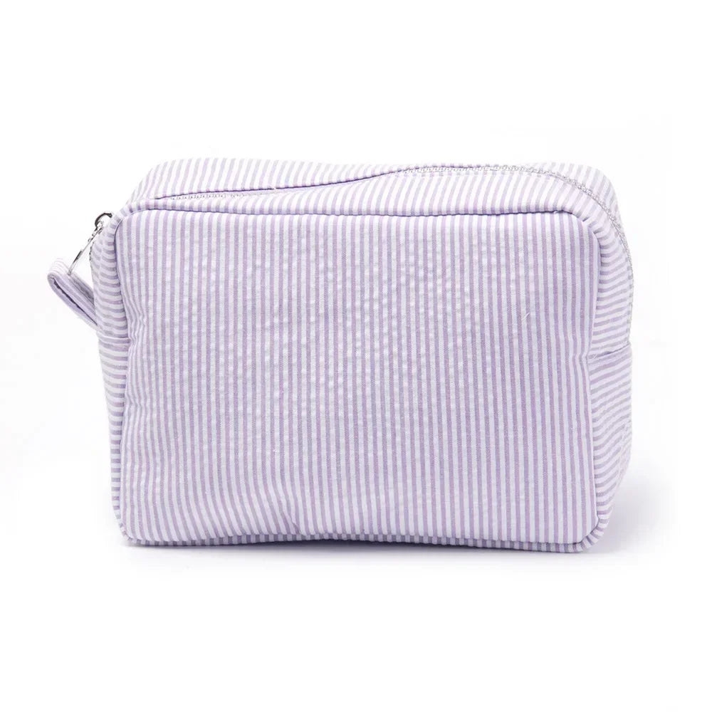 Seersucker Ruffle Cosmetic Bag – Pink/Purple Stripes