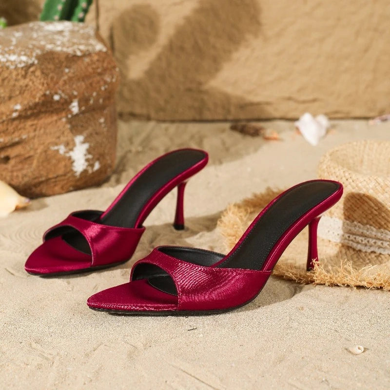 2026 New Arrival Women's Satin Mule Shoes High Heel Stiletto Slip On Sandals Fashion Elegant Party Wedding Shoes Champagne Beige