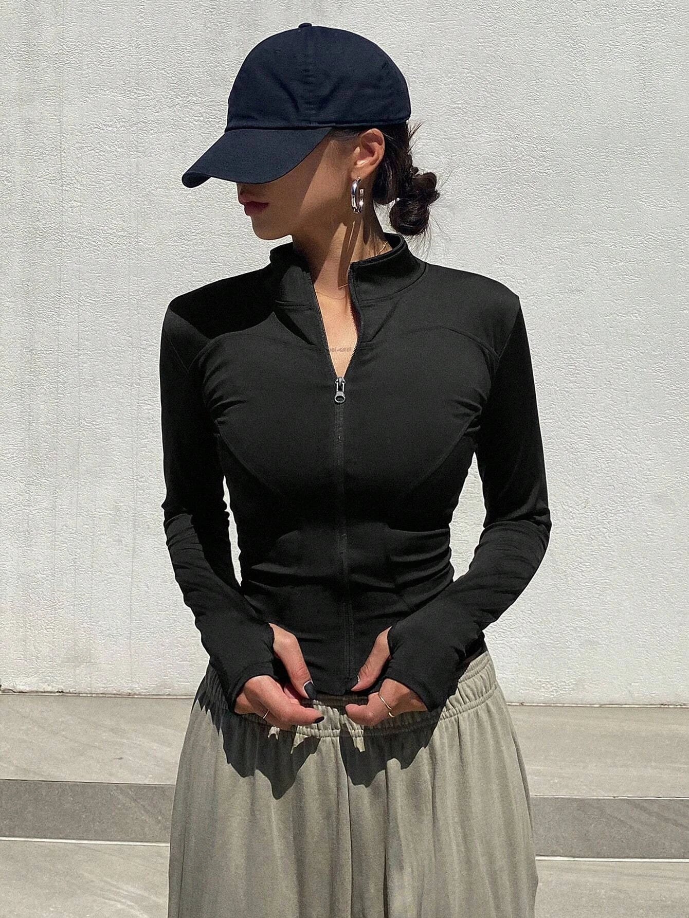 Women's Sport Zipper Closure Slim Fit Crop Jacket Solid Color Stand-up Collar Long Sleeve Yoga Clothes Spring/Autumn Streetwear