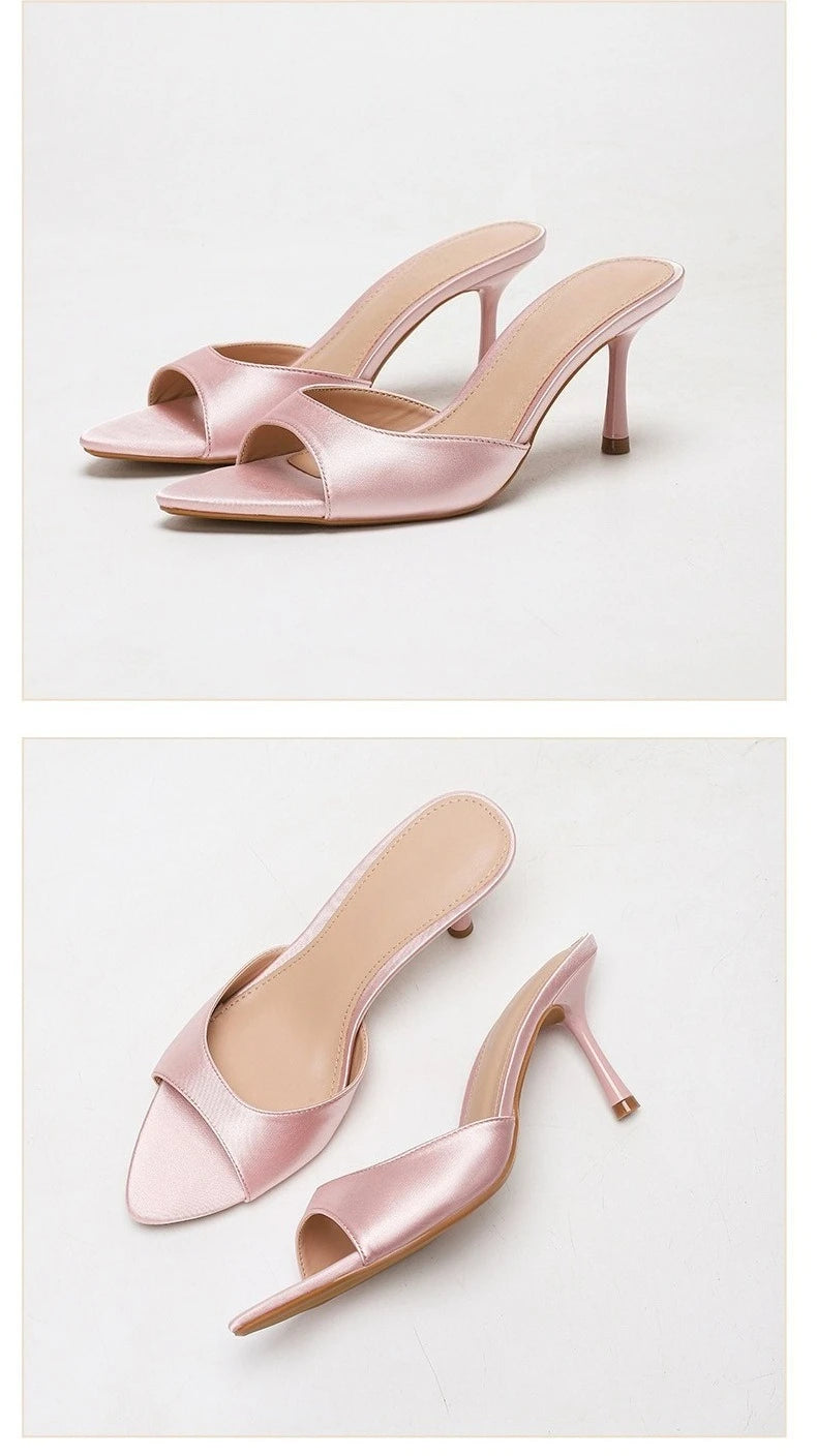 2026 New Arrival Women's Satin Mule Shoes High Heel Stiletto Slip On Sandals Fashion Elegant Party Wedding Shoes Champagne Beige