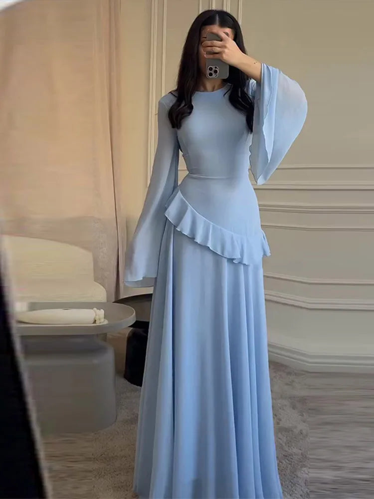 Fashion Flare Sleeve Ruff Long Dress Women Solid O-neck High Waist Slim Pleated Maxi Dresses 2025 Lady Summer Chic Party Robes