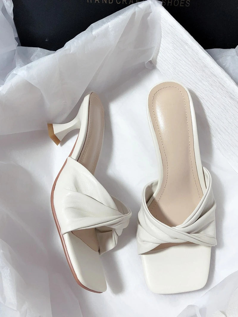 Fashion Summer Women Shoes New Handmade Square Open Toe High Heels Outdoor fashion Slippers Apricot Off white size 35-40