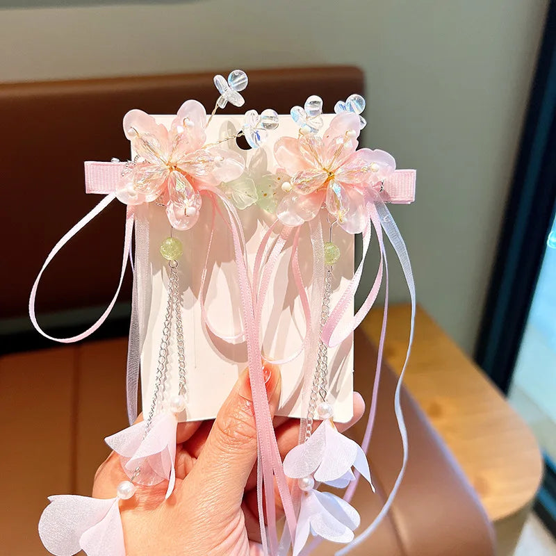 Pink and Blue Ribbon Tassel Hairpin Hair Clip for Children Girl Ancient Style Hanfu Hair Pins Cosplay Hair Accessories