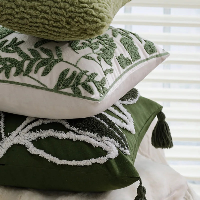 Green Floral Tufted Pillowcase 50x30 Exquisite Embroidered Decorative Sofa Cushion Covers Spring Pillow Covers for Living Room