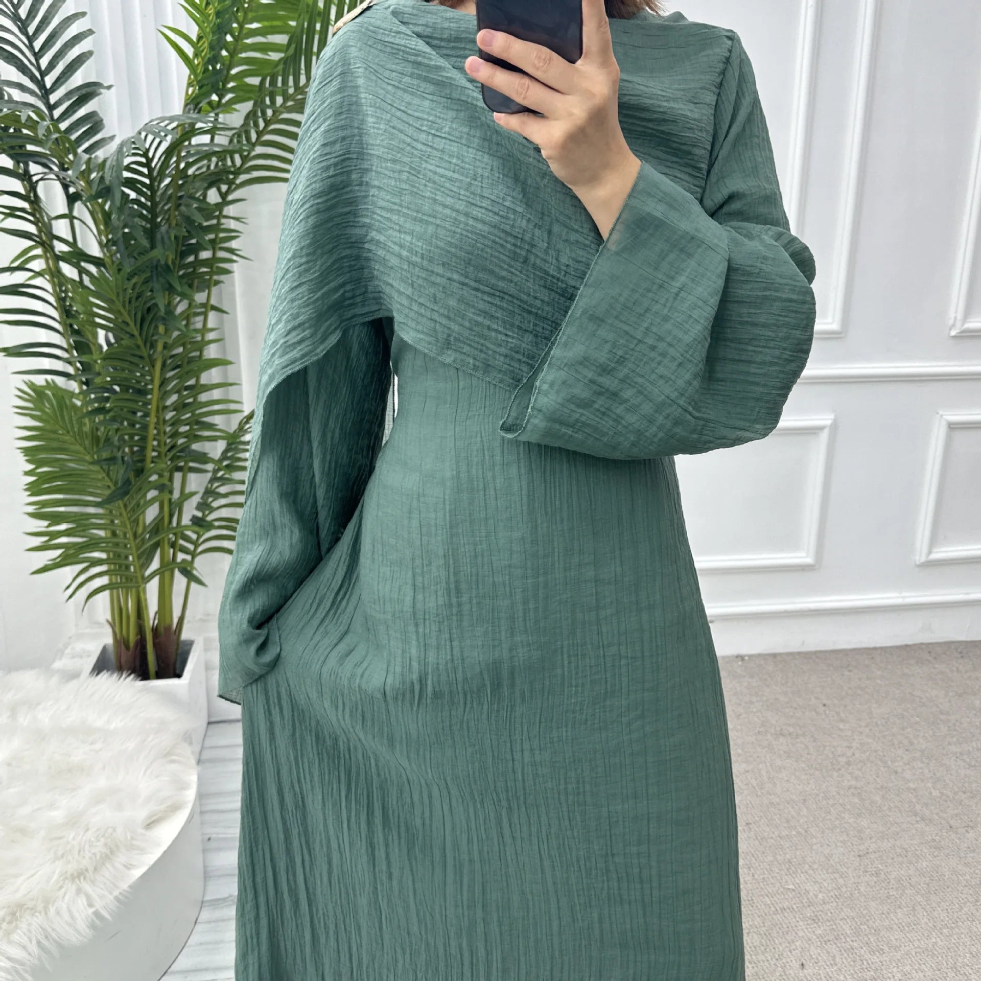 Two Piece Middle East Muslim Cardigan Set for Women Ramadan Eid Dubai Modest Abaya Dress Elegant Islam Solid Turkey Robe Outfit