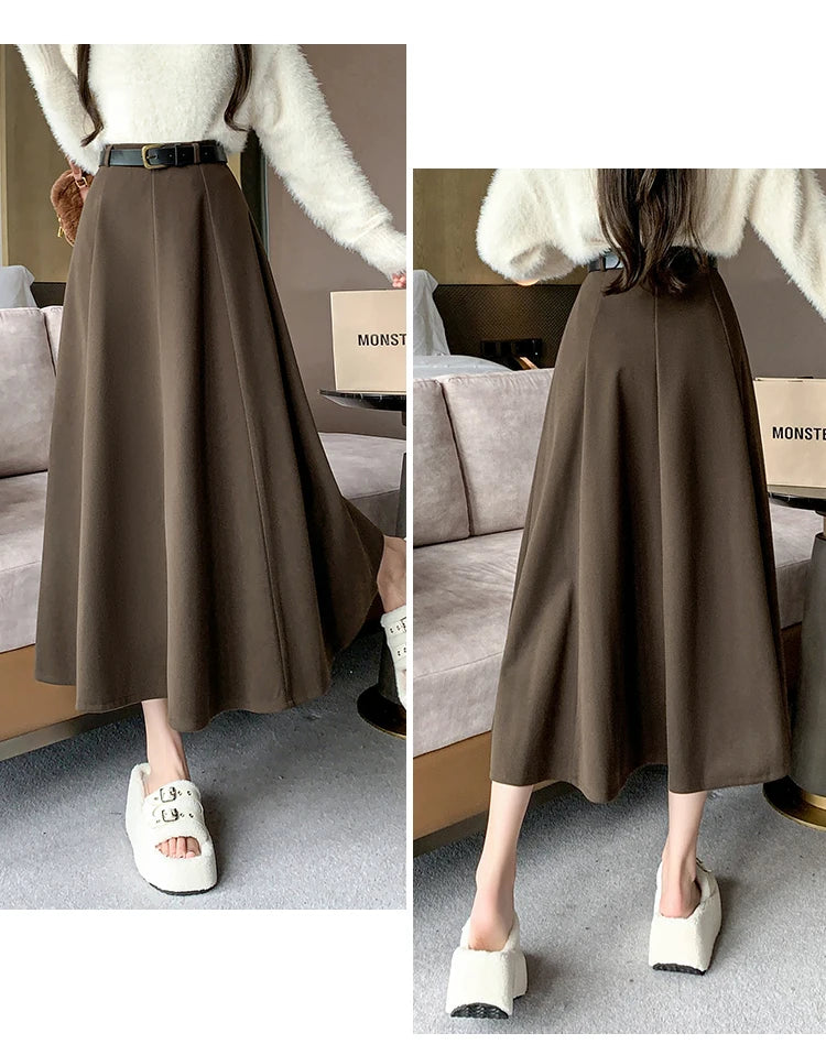 Elegant High Waist A-Line Midi Skirt Women's Fashion Slimming Skirts Autumn Winter New Style Loose Flared Mid-Length Skirts