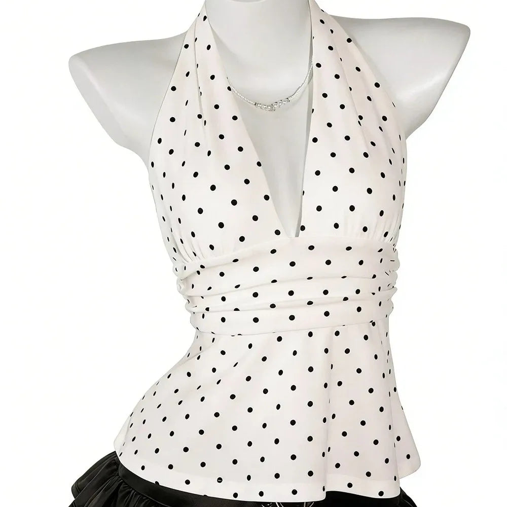 Fashion Sleeveless Women Crop Top Pleated Deep V Neck Halter Ruffle Vest Y2k Beach Wear Lace-up Dots Camisole Beach