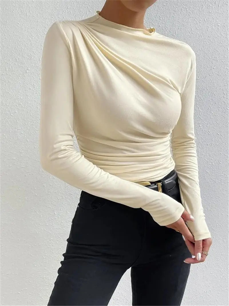 Women's Pleated Long Sleeve T-Shirt Bodycon Fit Polyester Spandex Blend Drawstring Closure  Color European Style Top