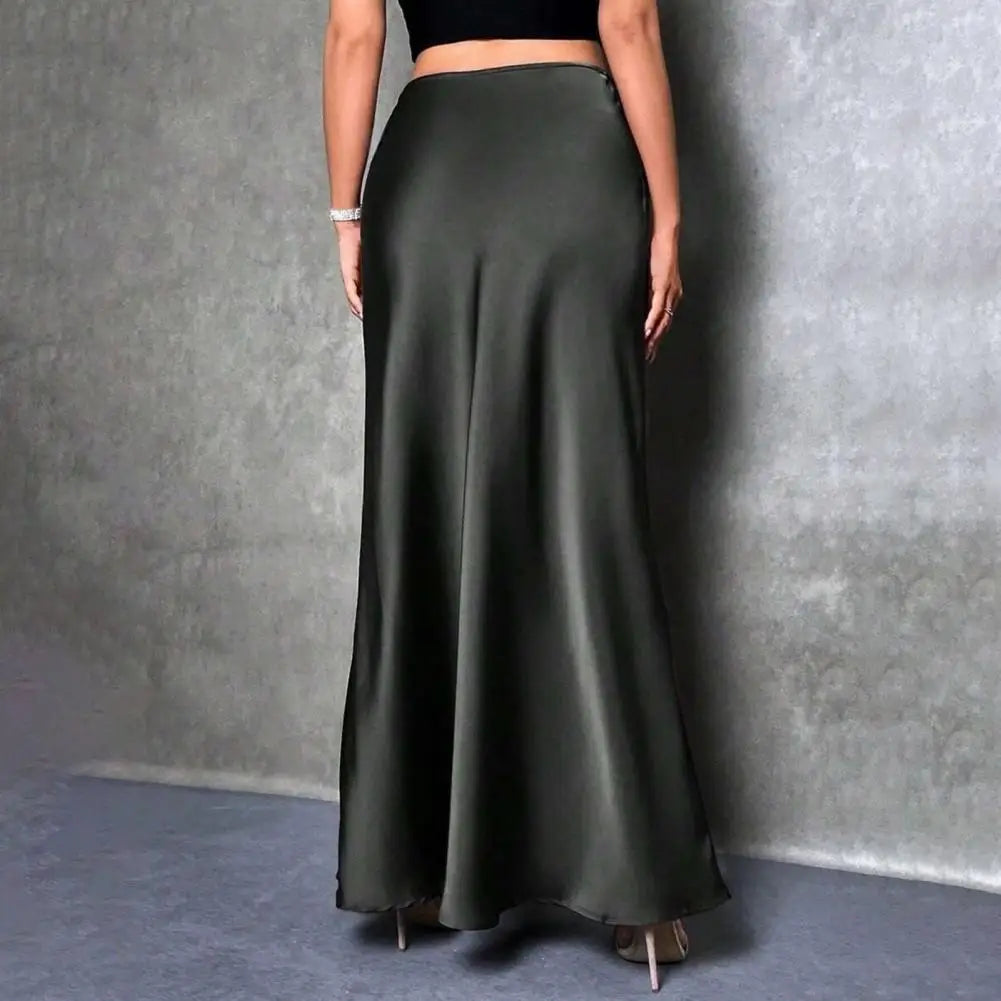 Women Fishtail Skirt Elegant High Waist Flattering Silhouette Satin Skirt Solid Color Smooth Surface A-Line Maxi Skirt