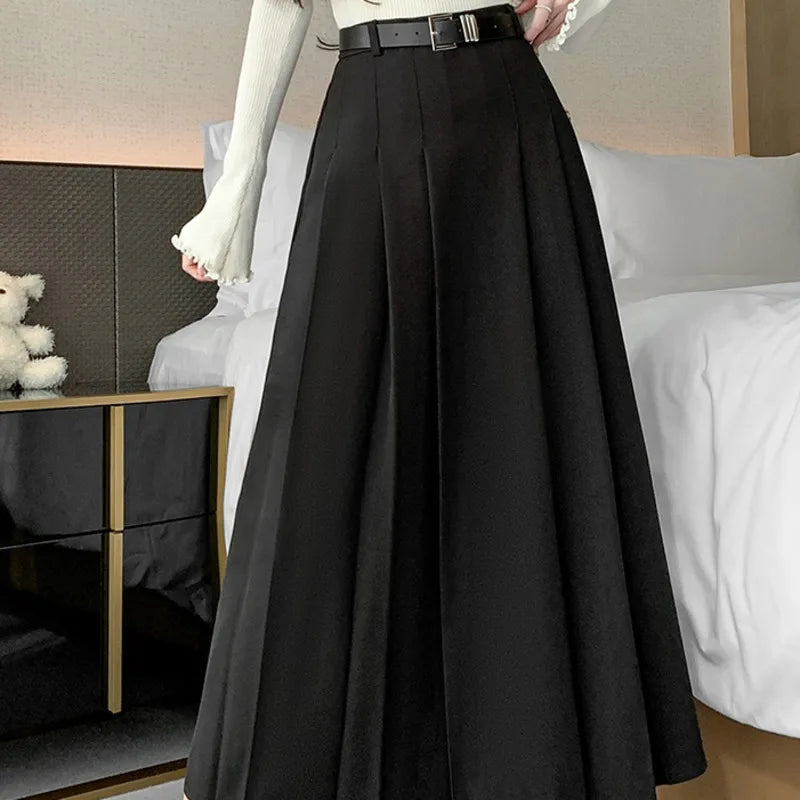 [EWQ] Elegant Solid Color Mid-Length All Match Skirt For Women 2026 Spring Summer Loose High Waist A-Line Pleated Skirts 16O9169