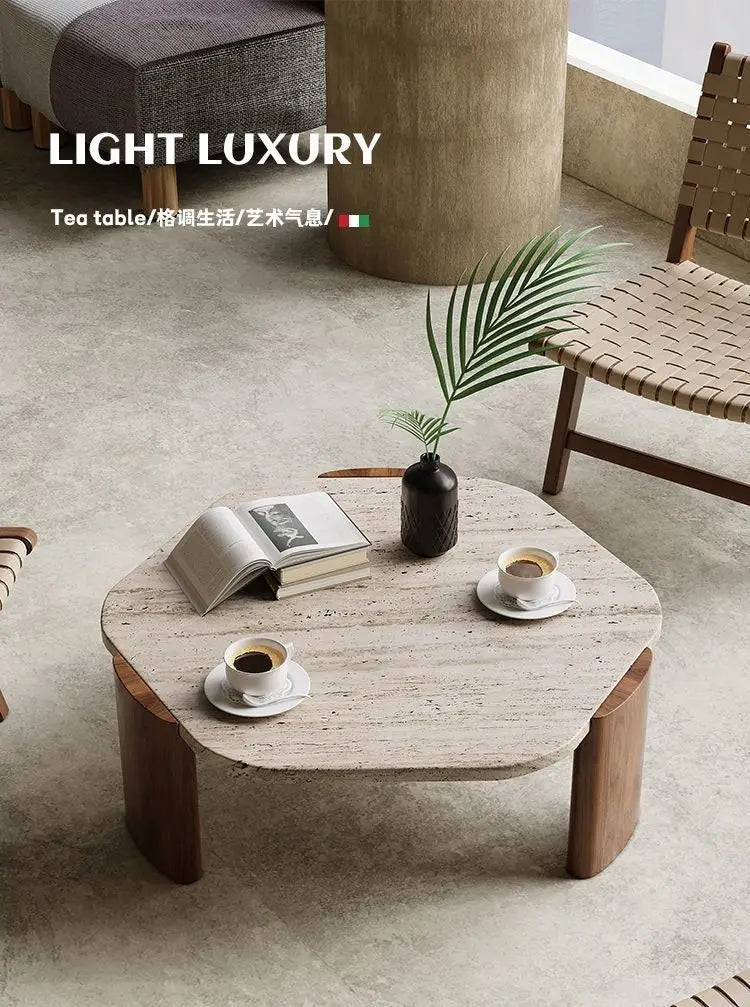 Solid wood travertine coffee table small tea small apartment living room household round balcony special-shaped rock slab Intern