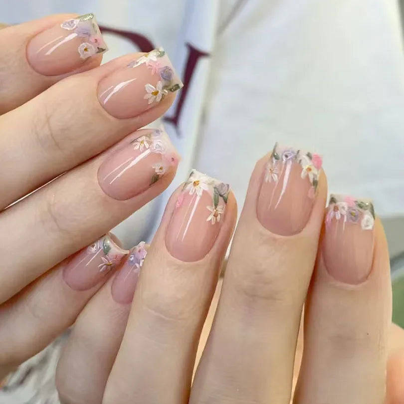 24Pcs Short Almond Press-On Nails Pink Floral French Tip Glossy&Elegant Full Cover Fake Nails for Women&Girls Spring,Daily Wear
