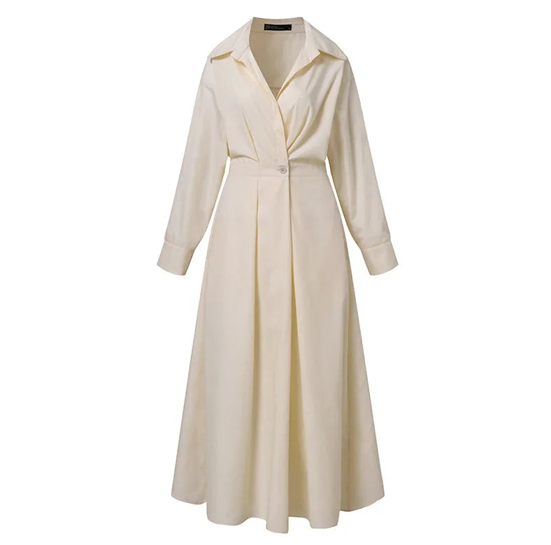2026 Women's Oversized Elegant Cotton Linen Sundress Lapel Neck High Waist Long Sleeve Long Shirt Dress OL Vestidos Robe Femme
