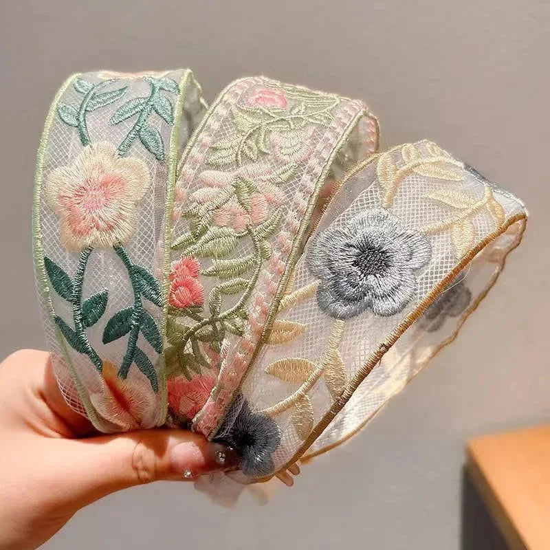 3pcs Elegant Chiffon Headband - Floral Embroidered Headscarf & Hair Tie