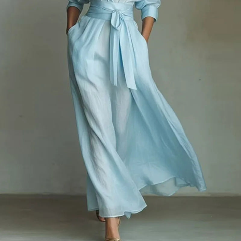 Bohemian Elegant Lace-up High Waist Long Dress Woman New Turn-down Collar Hollow Party Dress Spring 3/4 Sleeve Pocket Maxi Dress