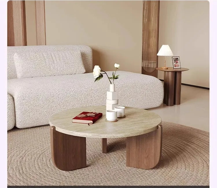 Wabi Sandy Wind Solid Wood Travertine Coffee Table Minimalist Small Tea Table Small Apartment Living Room Household Round Balcon