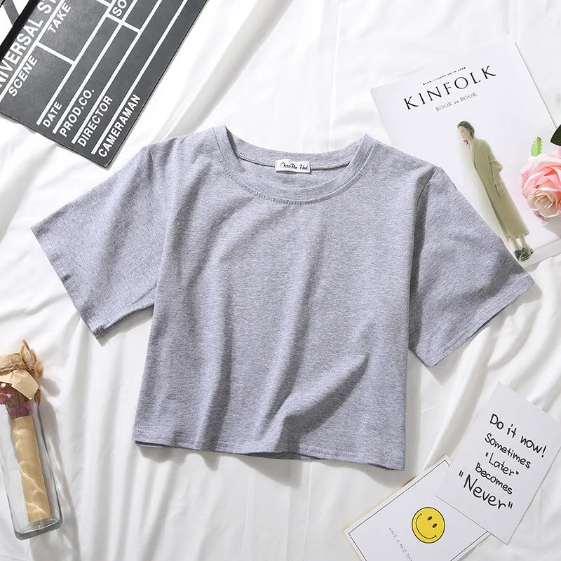 2023 Summer Short Sleeve T Shirts Women Cotton Solid T-shirt O Neck High Waist Crop Top Tee Female Casual Loose T Shirt