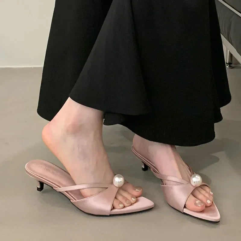 New 2025 Summer Open Toe Women Slippers Sexy Pointed Toe Slides Sandals Elegant Pearls Decoration Thin High Heels for Women