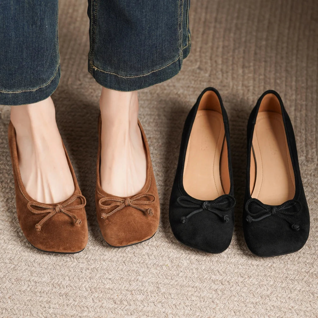 Women's natural suede leather square toe slip-on flats 3cm round low heel sweet bowtie casual female four season shoes for woman