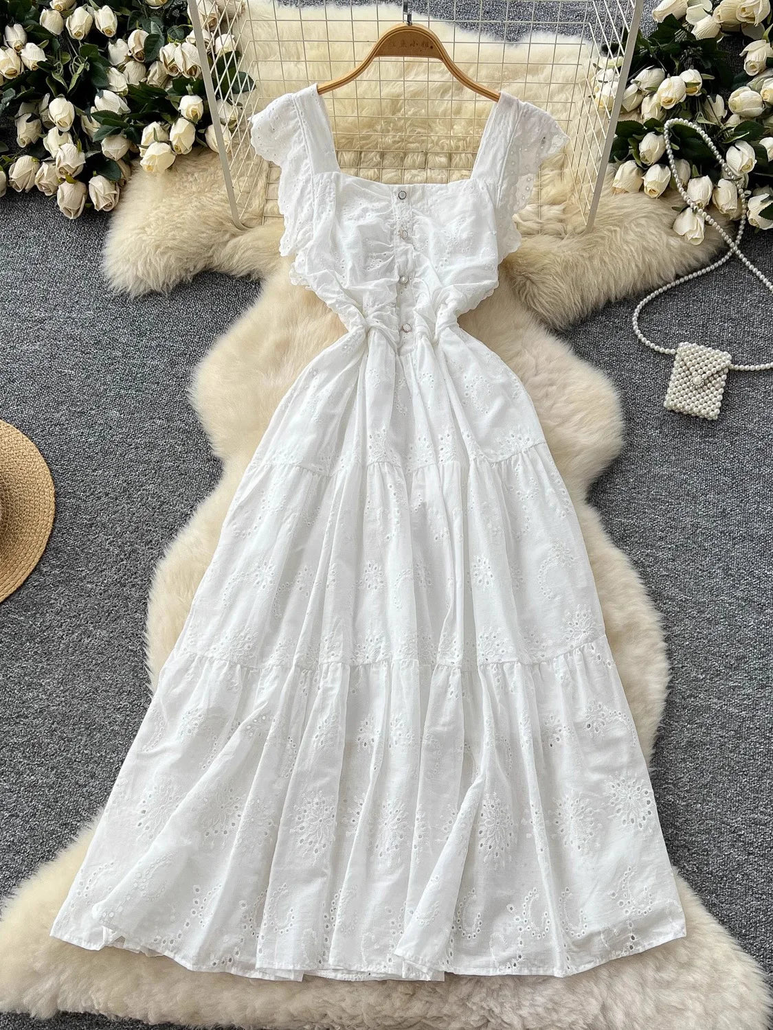 2025 Vintage Summer Elegant Square Neck Dress Lace Embroidered Cinched Waist Vestidos for Women Elegant Party Dress New Fashion