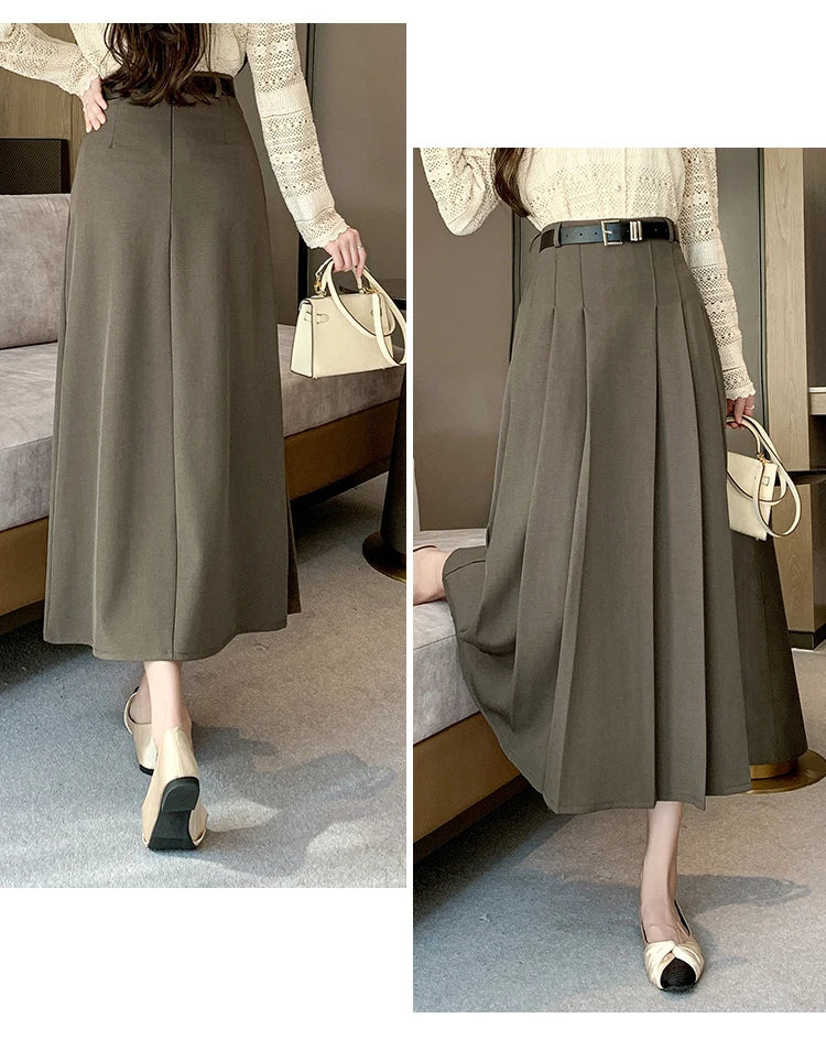 [EWQ] Elegant Solid Color Mid-Length All Match Skirt For Women 2026 Spring Summer Loose High Waist A-Line Pleated Skirts 16O9169